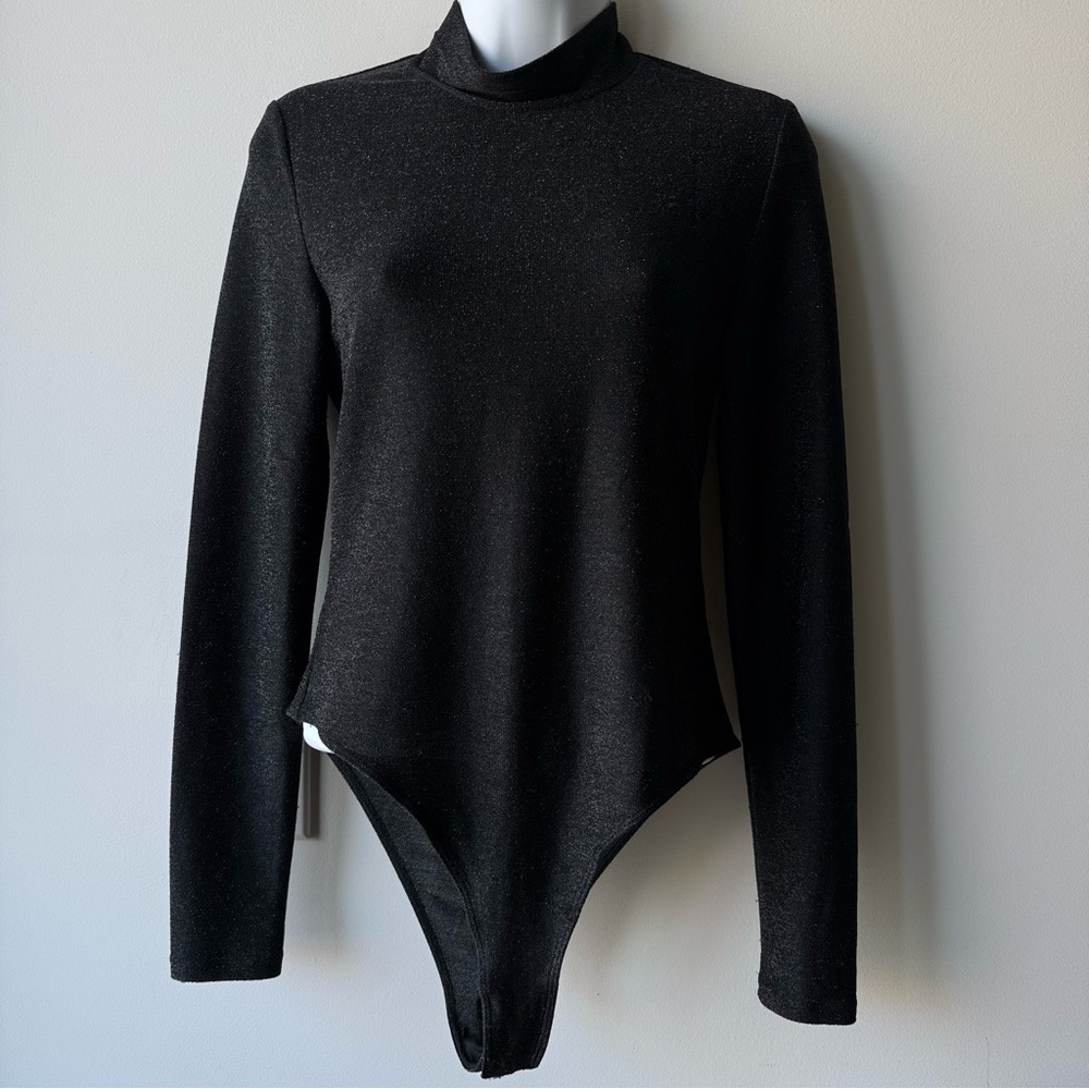 BARDOT Black Shimmer Mock Neck Bodysuit Long Sleeve Stretch Top M